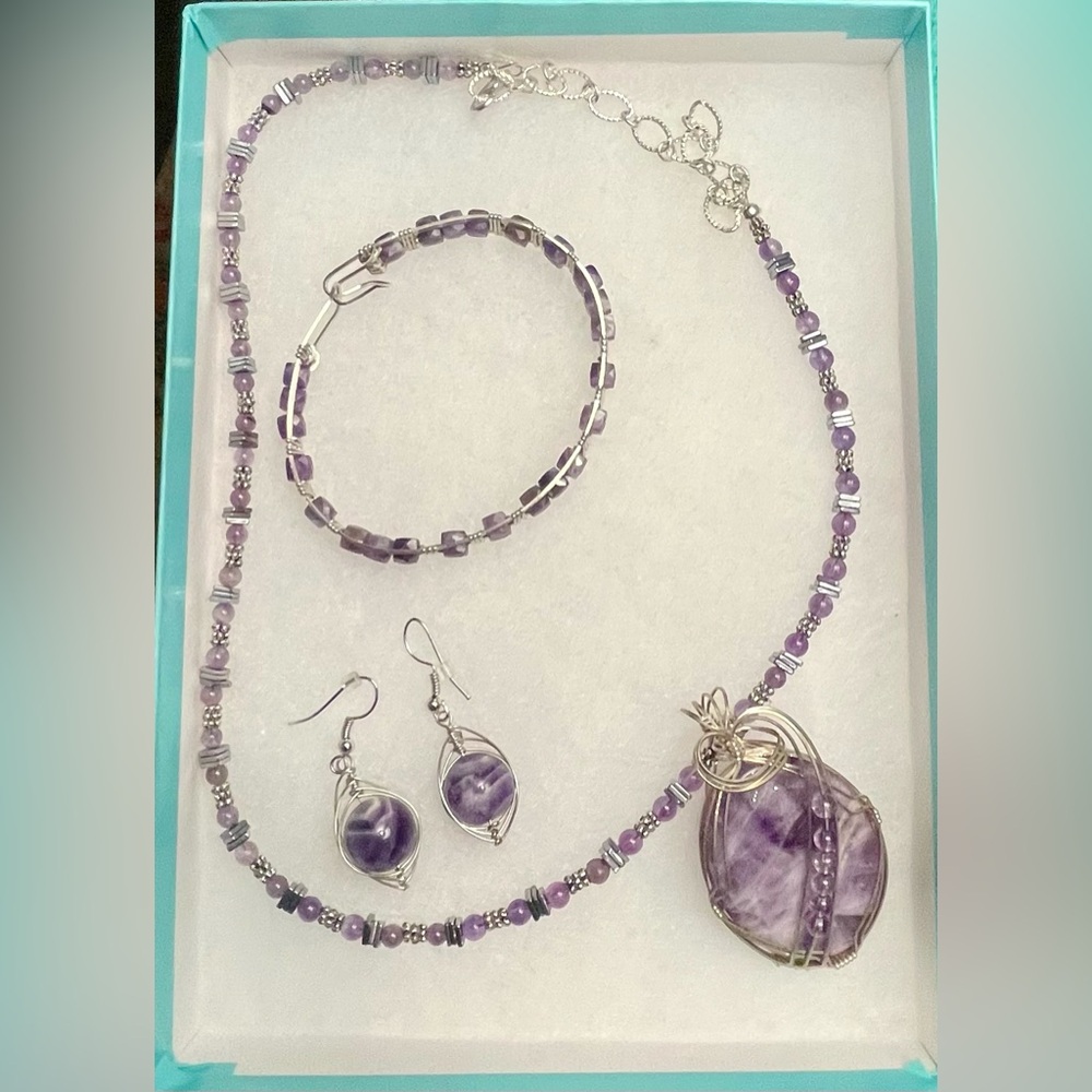 Faceted amethyst w/Argentium silver necklace, bracelet, earrings
